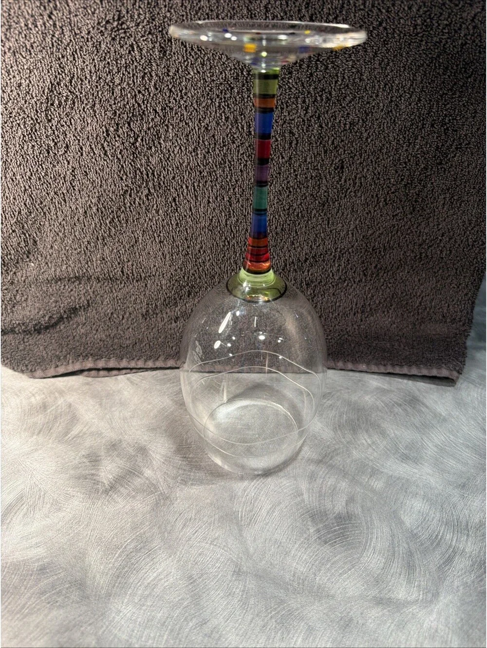 Colorful Art Glass Wine Goblet Striped Stem Confetti Foot Hand Painted 8.5”